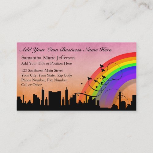 City Skyline with Rainbow and Birds Flying Discount Card