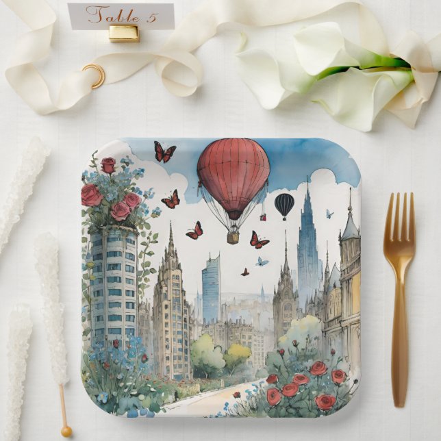 City Skyling Roses Butterflies And Hot Air Balloon Paper Plates (Wedding)
