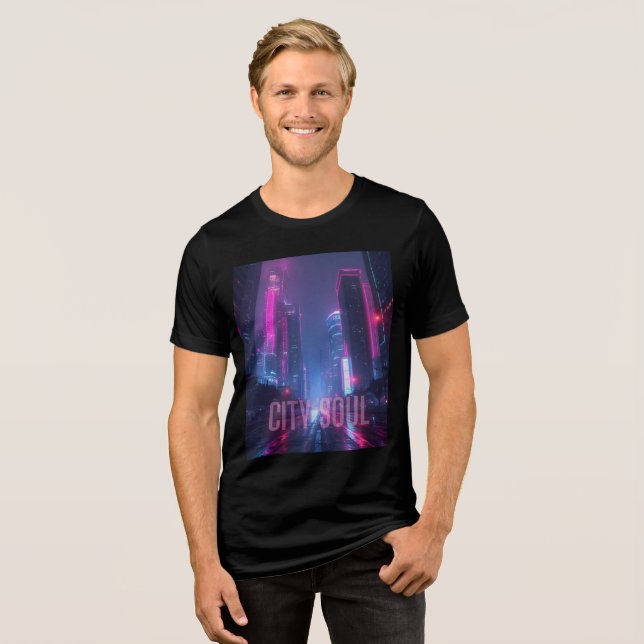 CITY SOUL – Neon Cyberpunk Skyline Design Tri-Blend Shirt (Front Full)