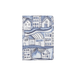 City Streets Inky Watercolor Blue Travel  Passport Holder