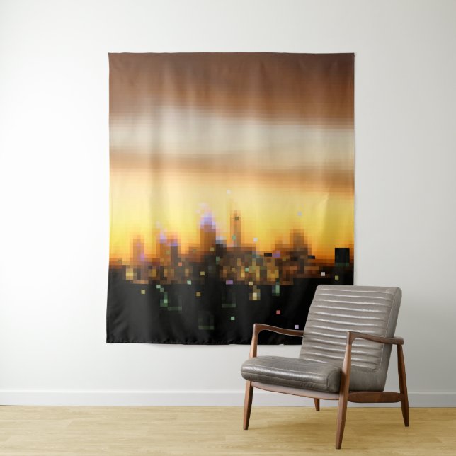 City sunset digital art pixel blocks tapestry (In Situ)