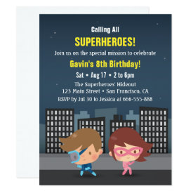 City Superheroes Kids Birthday Party Invitations