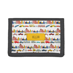 City Transportation Vehicles Kids Custom Name Trifold Wallet