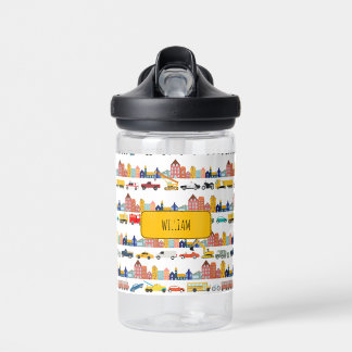 City Transportation Vehicles Kids Custom Name  Water Bottle