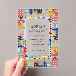 City Transportation Vehicles Truck Second Birthday Acrylic Invitations