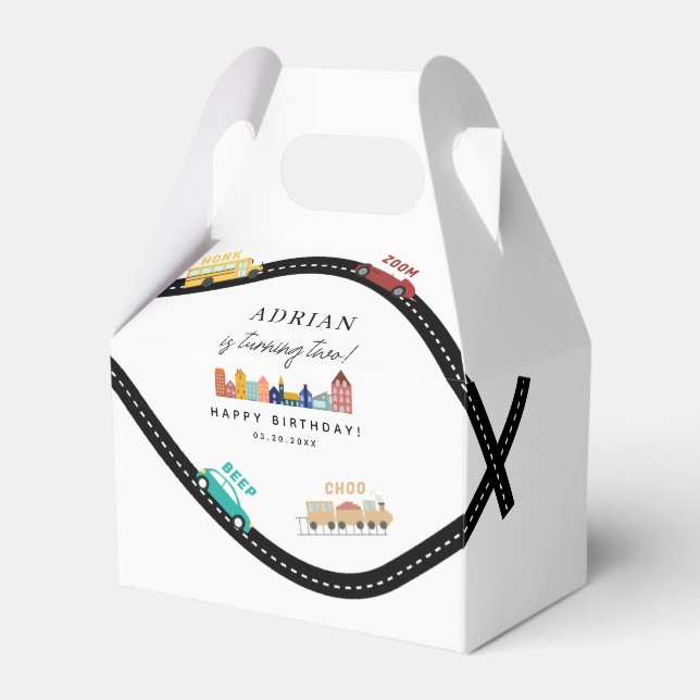 City Transportation Vehicles Truck Second Birthday Favor Boxes (Front Side)
