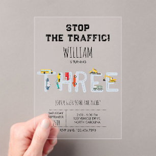 City Transportation Vehicles Truck Third Birthday Acrylic Invitations