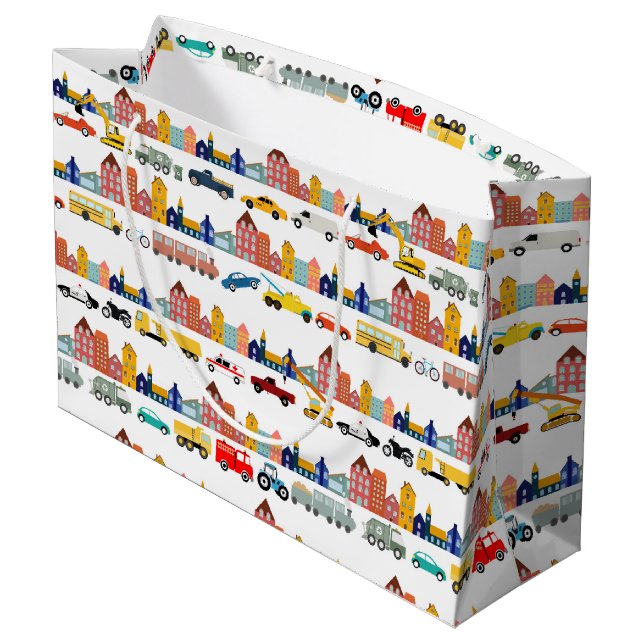 City Transportation Vehicles Trucks Cars Kids Large Gift Bag (Back Angled)