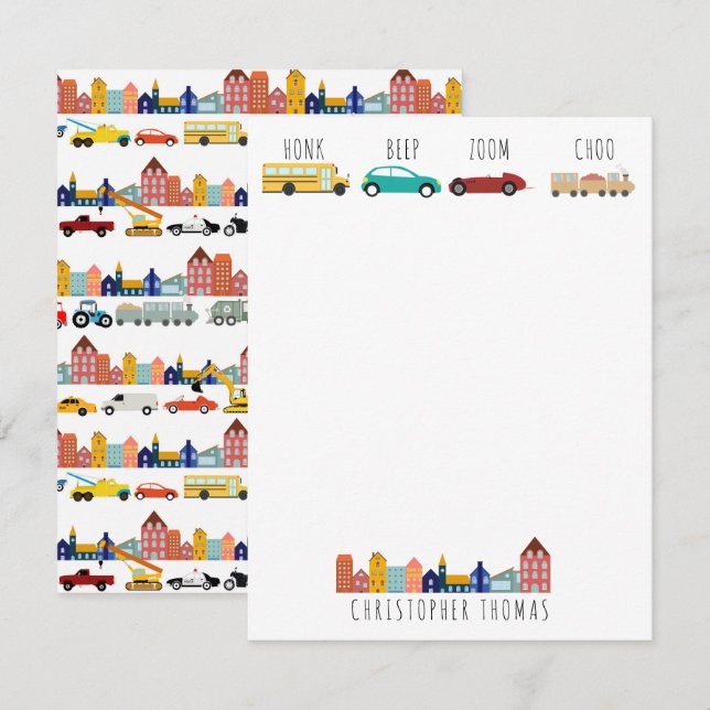 City Transportation Vehicles Trucks Cars Kids Note Card (Front/Back)