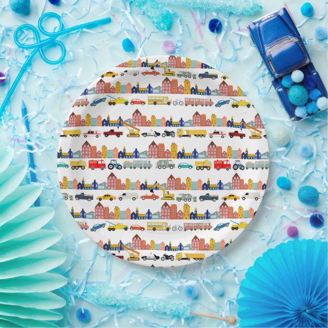 City Transportation Vehicles Trucks Cars Kids Paper Plates (Party)