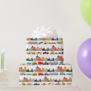 City Transportation Vehicles Trucks Cars Kids Wrapping Paper