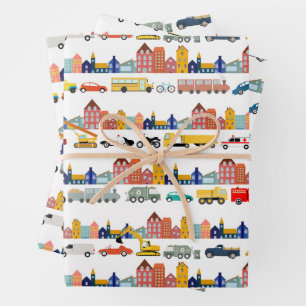 City Transportation Vehicles Trucks Cars Kids Wrapping Paper Sheets