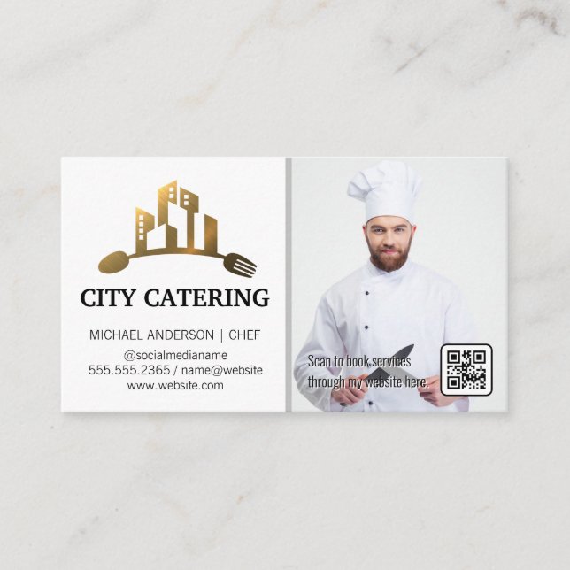 City Utensils Gold Logo | Chef | QR Code  Business Card (Front)