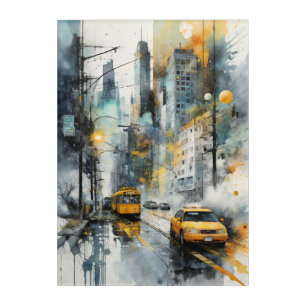 City Vibes: Urban Rain with Yellow Taxi and Tram Acrylic Print