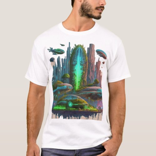 city with robots and flying cars T_Shirt