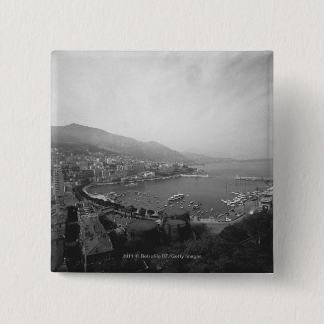 Cityscape at harbour B&W elevated view Button (Front)