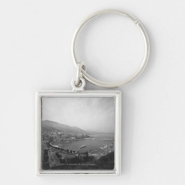 Cityscape at harbour B&W elevated view Keychain (Front)
