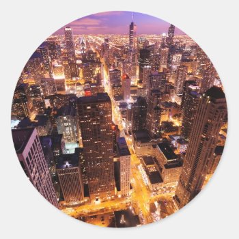 Cityscape At Night Of Chicago Classic Round Sticker by iconicchicago at Zazzle