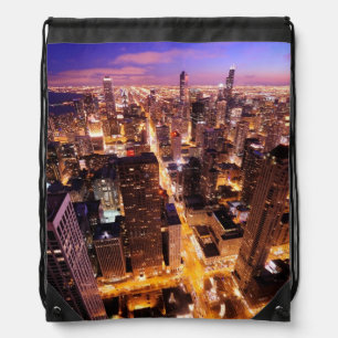 Cityscape at night of Chicago Drawstring Bag