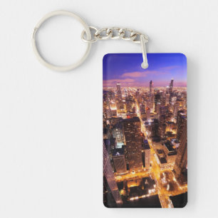 Cityscape at night of Chicago Keychain