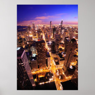 Cityscape at night of Chicago Poster
