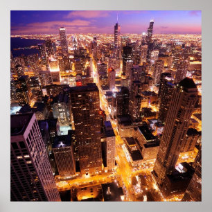 Cityscape at night of Chicago Poster