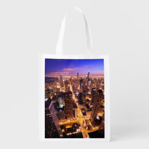 Cityscape at night of Chicago Reusable Grocery Bag