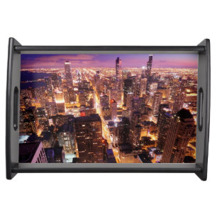 Cityscape at night of Chicago Serving Tray