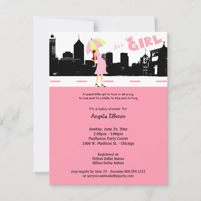 Cityscape Baby Girl Shower Invitation (Front)