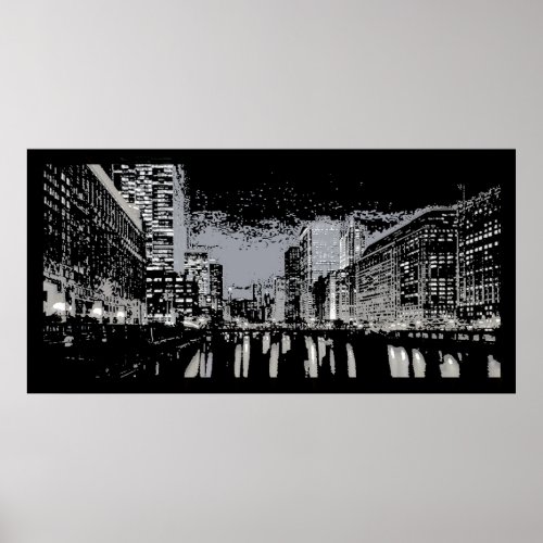 Cityscape Chicago At Night Black and White Poster