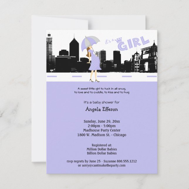 Cityscape Lavender and Gray Baby Shower Invitation (Front)