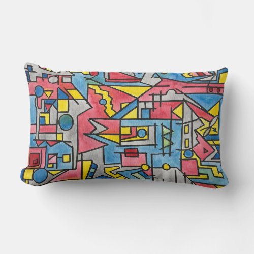 Cityscape_Modern Bauhaus Geometric Watercolor Art Lumbar Pillow
