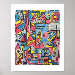 Cityscape-Modern Bauhaus Geometric Watercolor Art Poster