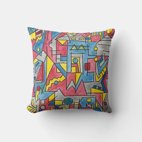Cityscape_Modern Bauhaus Geometric Watercolor Throw Pillow