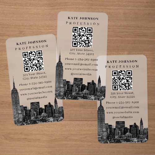 Cityscape Modern Black White QR Code Clear Business Cards