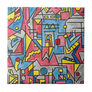 Cityscape-Modern Geometric Watercolor Art Ceramic Tile