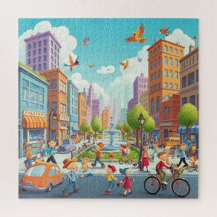 Cityscape Park Car Bike People Birds Jigsaw Puzzle