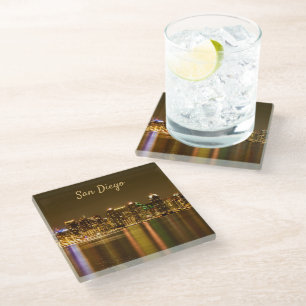 Cityscape Skyline Night California San Diego Glass Coaster