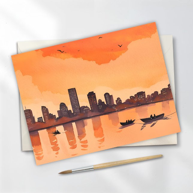 Cityscape Sunset | Orange City Skyline Watercolor Postcard (Creator Uploaded)