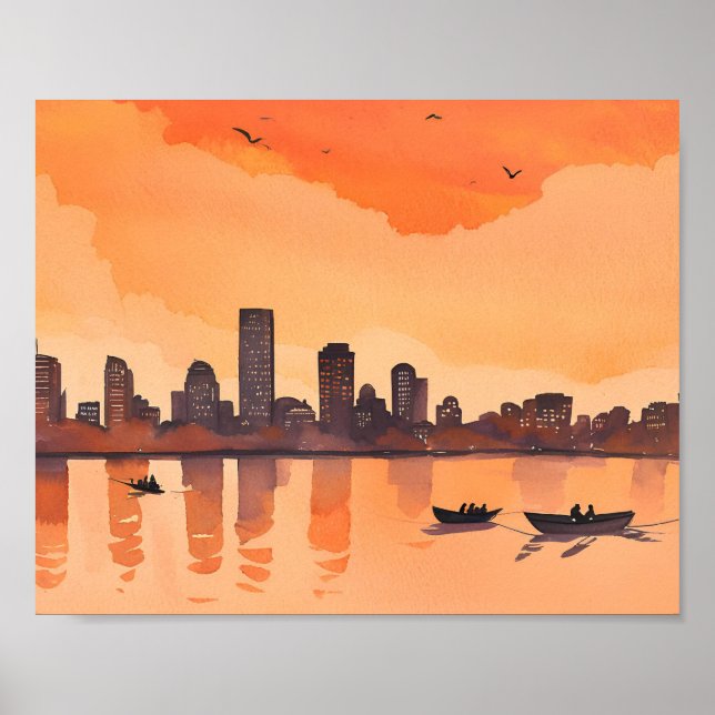 Cityscape Sunset | Orange City Skyline Watercolor Poster (Front)