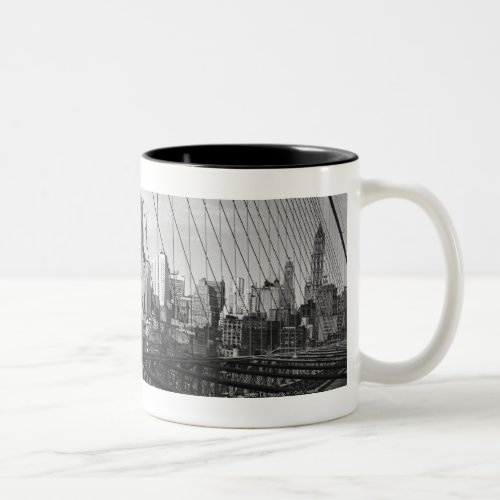 Cityscape through bridge cables Two_Tone coffee mug