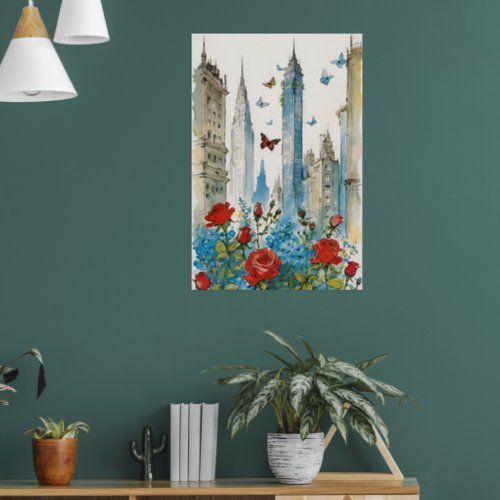 Cityscape with Roses Forget_Me_Nots  Butterflies Poster