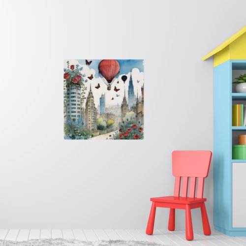 Cityscape with Roses Hot Air Balloon  Butterflies Poster