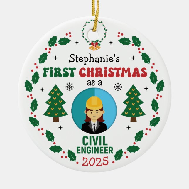 Civil Engineer First Christmas Custom Name Ceramic Ornament (Front)