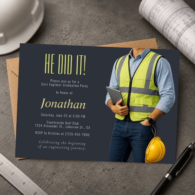 Civil Engineer Graduation Invitation (Modern civil engineer graduation invitation with a clean industrial-inspired design.)