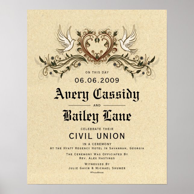 "Civil Union" Elegant Floral Wedding Certificate Poster (Front)