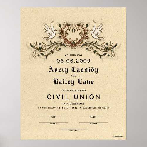Civil Union Elegant Floral Wedding Certificate Poster