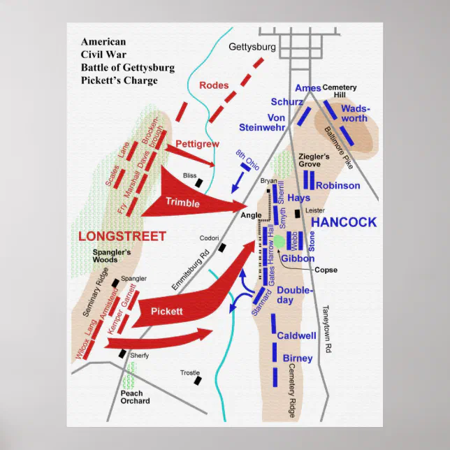 Civil War Battle of Gettysburg Picketts Charge Map Poster | Zazzle