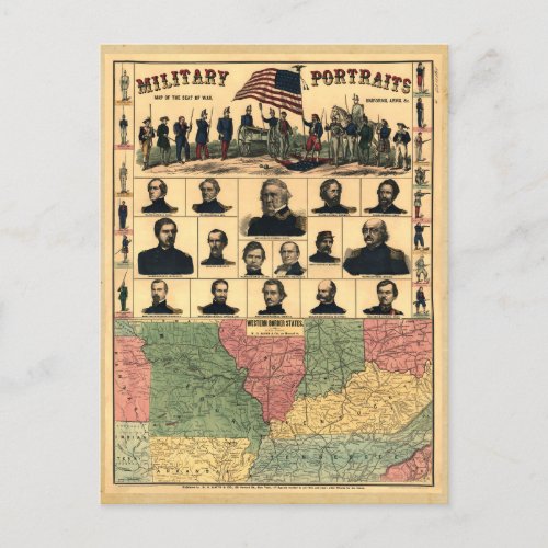 Civil War Border Military Portraits 1861 Restored Postcard