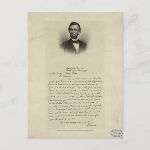 Civil War Letter from Abraham Lincoln to Mrs Bixby Postcard